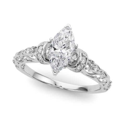 Platinum Marquise Solitaire Diamond Ring with Filigree Band and Four-Prong Setting