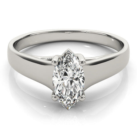 White gold Marquise Solitaire Diamond Ring with Tapered Band and Four-Prong Setting