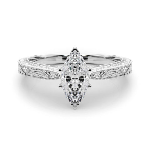 White gold Marquise Solitaire Milgrain Engraved Band with Four-Prong Setting