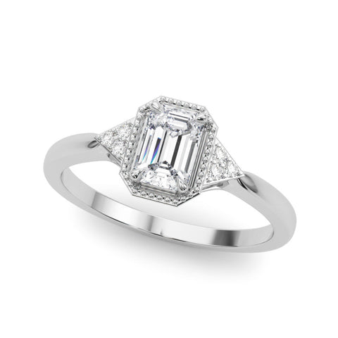 White gold Milgrain Radiant Cut Diamond Ring with Tapered Pave Band and Four Prong Setting