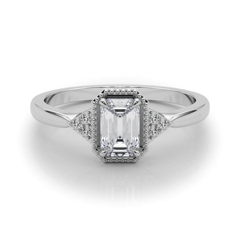 Platinum Milgrain Radiant Cut Diamond Ring with Tapered Pave Band and Four Prong Setting