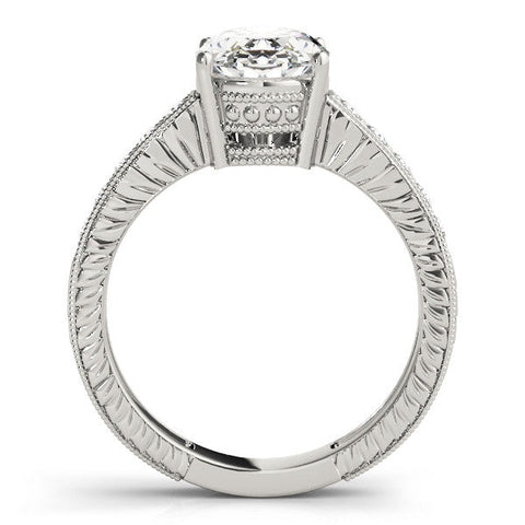 Platinum Oval Cut Diamond Milgrain Pave Band Four-Prong Setting Ring