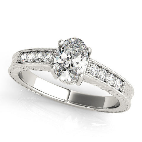 White gold Oval Cut Diamond Milgrain Pave Band with Four-Prong Setting