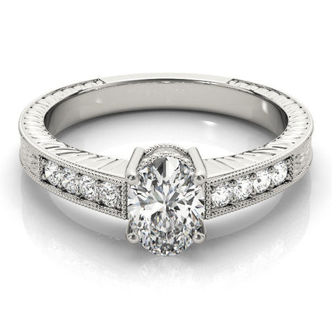 White gold Oval Cut Diamond Milgrain Pave Band with Four-Prong Setting
