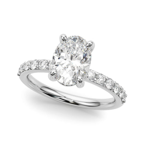 White gold Oval Cut Diamond Pavé Band Solitaire Ring with Four-Prong Setting