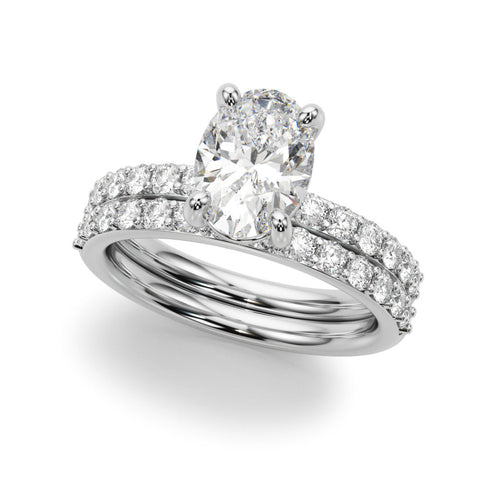 White gold Oval Cut Diamond Pavé Band Solitaire Ring with Four-Prong Setting