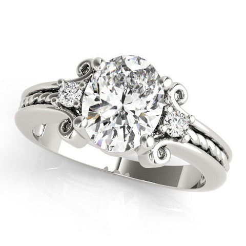 Platinum Oval Cut Diamond Ring with Scrollwork Band and Prong Setting