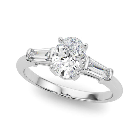 White gold Oval Cut Diamond Ring with Tapered Baguette Side Stones in Four-Prong Setting