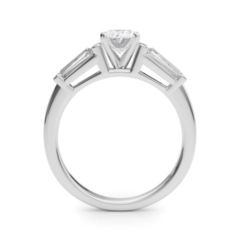 Platinum Oval Cut Diamond Solitaire Ring with Tapered Baguette Accents and Four-Prong Setting