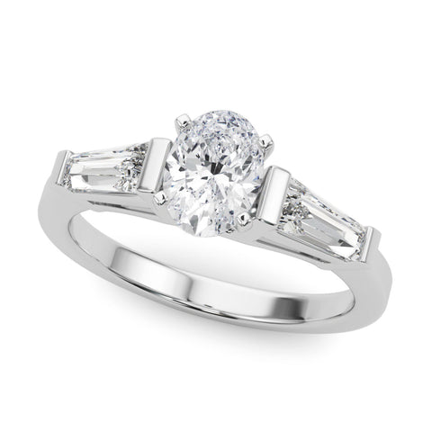 Platinum Oval Cut Diamond Solitaire Ring with Tapered Baguette Accents and Four-Prong Setting