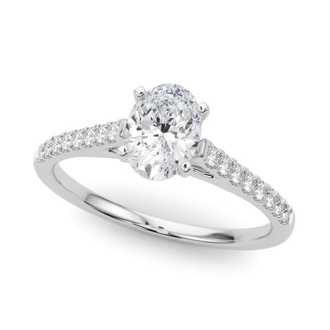 White gold Oval Cut Solitaire Diamond Ring with Pave Band and Four-Prong Setting