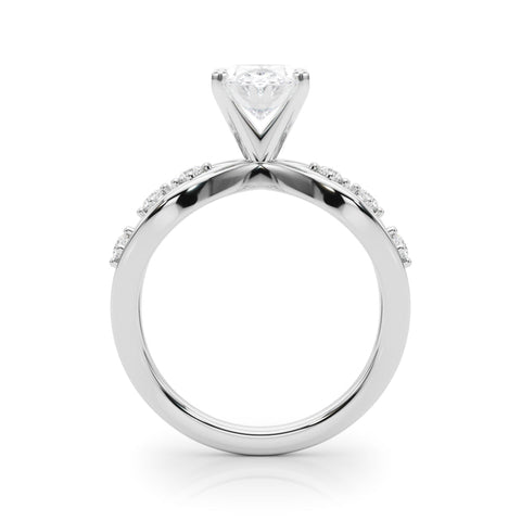 White gold Oval Cut Solitaire Diamond with Side Stones on Criss-Cross Band and Four-Prong Setting
