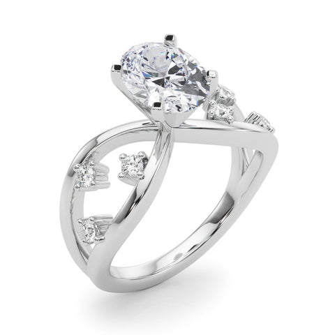 White gold Oval Cut Solitaire Diamond with Side Stones on Criss-Cross Band and Four-Prong Setting