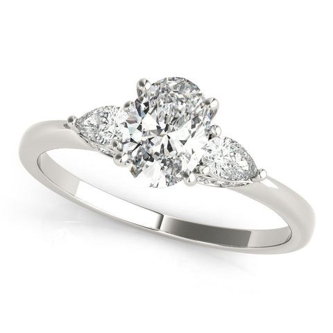 Platinum Oval Cut Three-Stone Diamond Ring with Pear Side Stones on a Classic Solitaire Band with Prong Setting