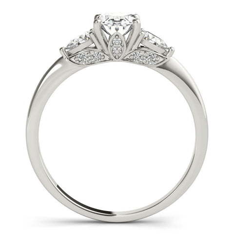 White gold Oval Cut Three-Stone Diamond Ring with Pear Side Stones on a Classic Solitaire Band with Prong Setting