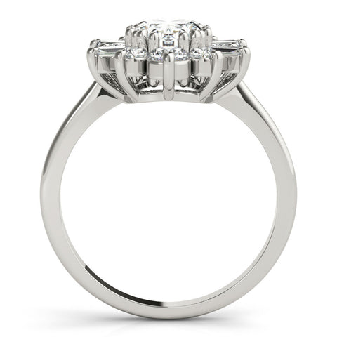 White gold Oval Diamond Cluster Ring with Round and Baguette Stones, Split Shank Band, Prong Setting