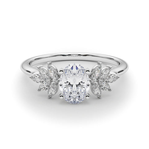 White gold Oval Diamond Floral Side Stone Solitaire with Marquise Accents and Four-Prong Setting