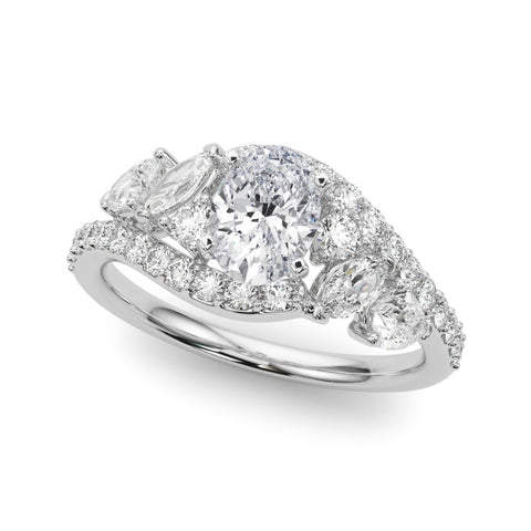 Platinum Oval Diamond Halo Ring with Marquise and Pavé Band in Prong Setting