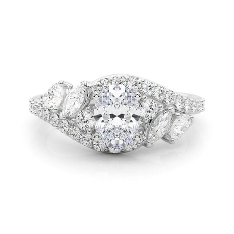 Platinum Oval Diamond Halo Ring with Marquise and Pavé Band in Prong Setting