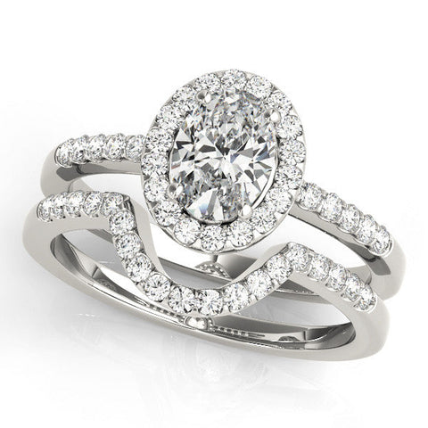 Platinum Oval Halo Diamond Engagement Ring with Pavé Band and Four-Prong Setting