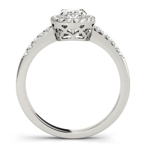 Platinum Oval Halo Diamond Engagement Ring with Pavé Band and Four-Prong Setting