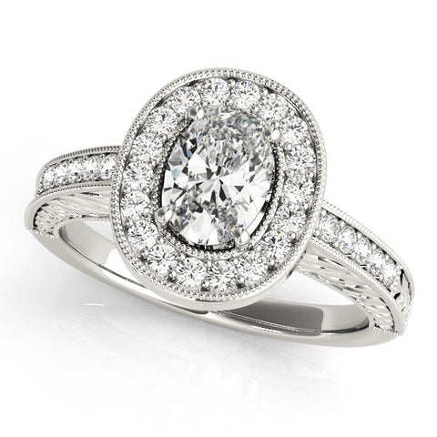 White gold Oval Halo Diamond Engagement Ring with Pave Band and Four-Prong Setting