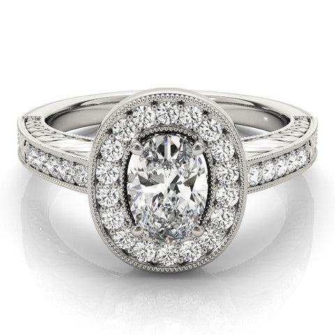 Platinum Oval Halo Diamond Engagement Ring with Pave Band and Four-Prong Setting