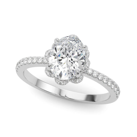 Platinum Oval Halo Diamond Pave Band Ring with Four-Prong Setting