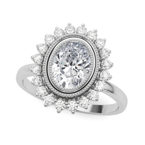 White gold Oval Halo Diamond Ring with Milgrain Edge and Round Prong Setting