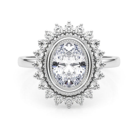 White gold Oval Halo Diamond Ring with Milgrain Edge and Round Prong Setting