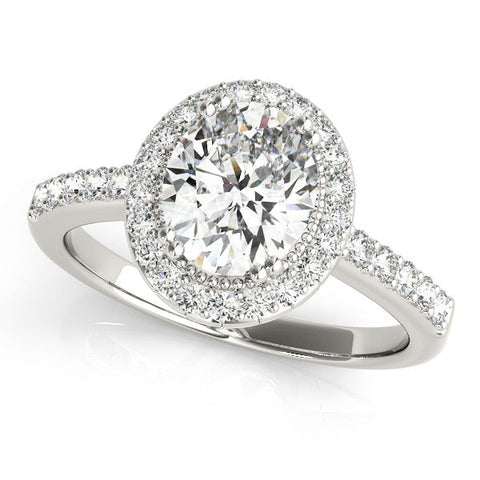 Platinum Oval Halo Diamond Ring with Pave Band and Four-Prong Setting