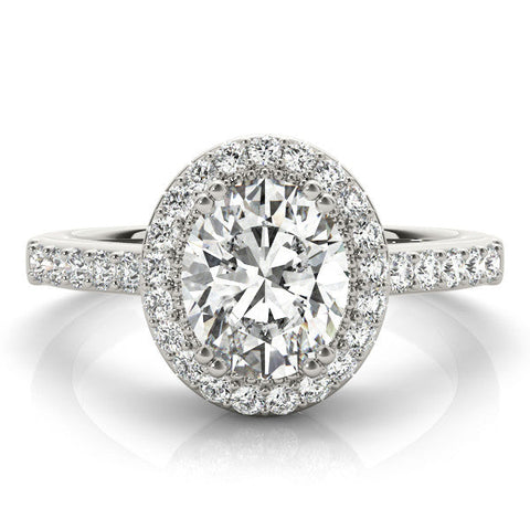 White gold Oval Halo Diamond Ring with Pave Band and Four-Prong Setting
