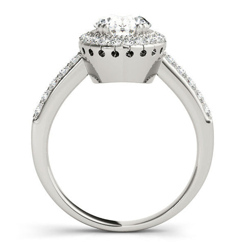 Platinum Oval Halo Diamond Ring with Pave Band and Four-Prong Setting