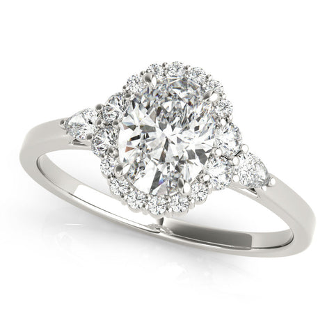 White gold Oval Halo Diamond Ring with Pear Side Stones and Prong Setting on a Classic Band