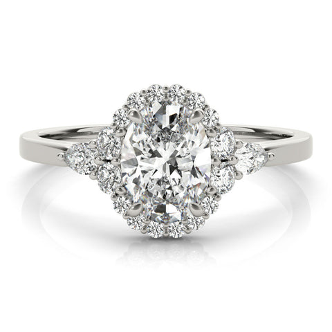 White gold Oval Halo Diamond Ring with Pear Side Stones and Prong Setting on a Classic Band