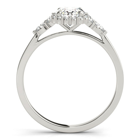 White gold Oval Halo Diamond Ring with Pear Side Stones and Prong Setting on a Classic Band