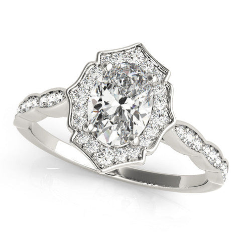 Platinum Oval Halo Diamond Ring with Scalloped Band and Four-Prong Setting