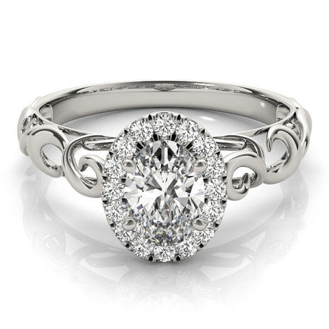 Platinum Oval Halo Diamond Ring with Scrollwork Band and Four-Prong Setting