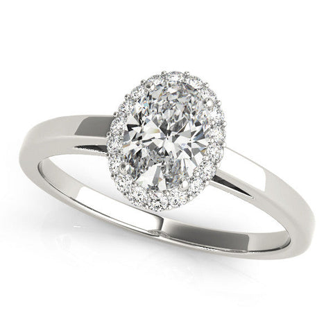 Platinum Oval Halo Diamond Ring with Solitaire Band and Prong Setting