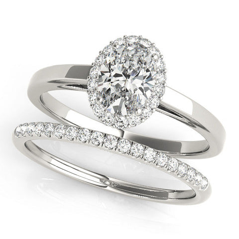 Platinum Oval Halo Diamond Ring with Solitaire Band and Prong Setting