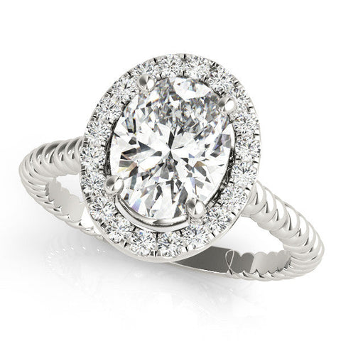 Platinum Oval Halo Diamond Ring with Twisted Band and Four-Prong Setting