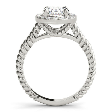 Platinum Oval Halo Diamond Ring with Twisted Band and Four-Prong Setting