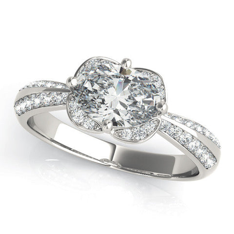 Platinum Oval Halo Diamond Split Shank Ring with Four-Prong Setting