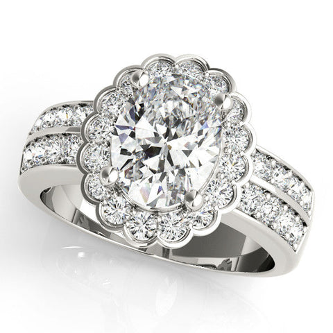 Platinum Oval Halo Diamond Split Shank Ring with Scalloped Prong Setting