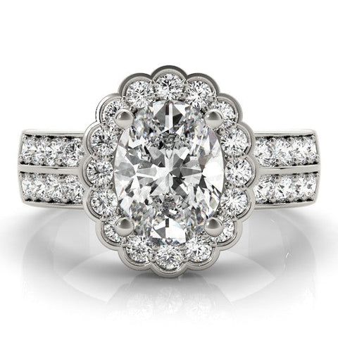 White gold Oval Halo Diamond Split Shank Ring with Scalloped Prong Setting