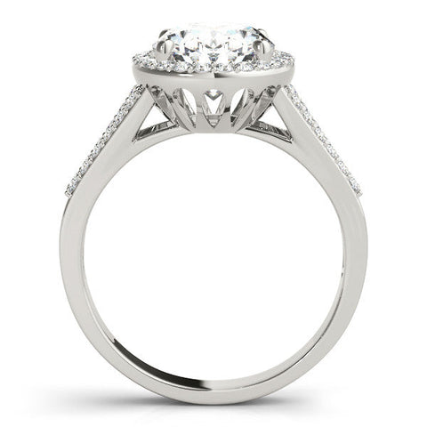 Platinum Oval Halo Split Shank Diamond Ring with Four-Prong Setting