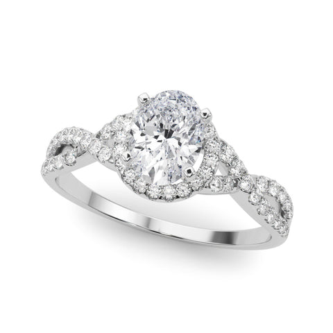 White gold Fancy Blue Oval  Halo Twist Band Solitaire Prong Setting Ring
