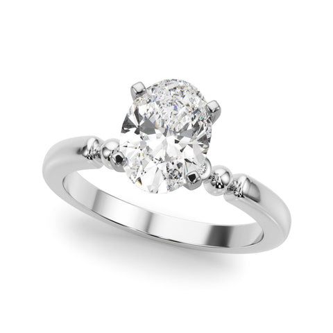 White gold Oval Solitaire Beaded Band with Four-Prong Setting