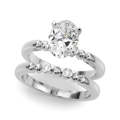 Platinum Oval Solitaire Beaded Band with Four-Prong Setting