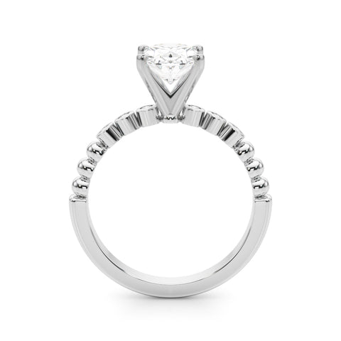 Platinum Oval Solitaire Bezel Accent Diamond Engagement Ring with Beaded Band and Four-Prong Setting